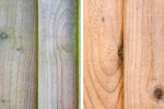 Vergleich von verschmutzem und mit Roxil Reiniger gereinigtem Holz